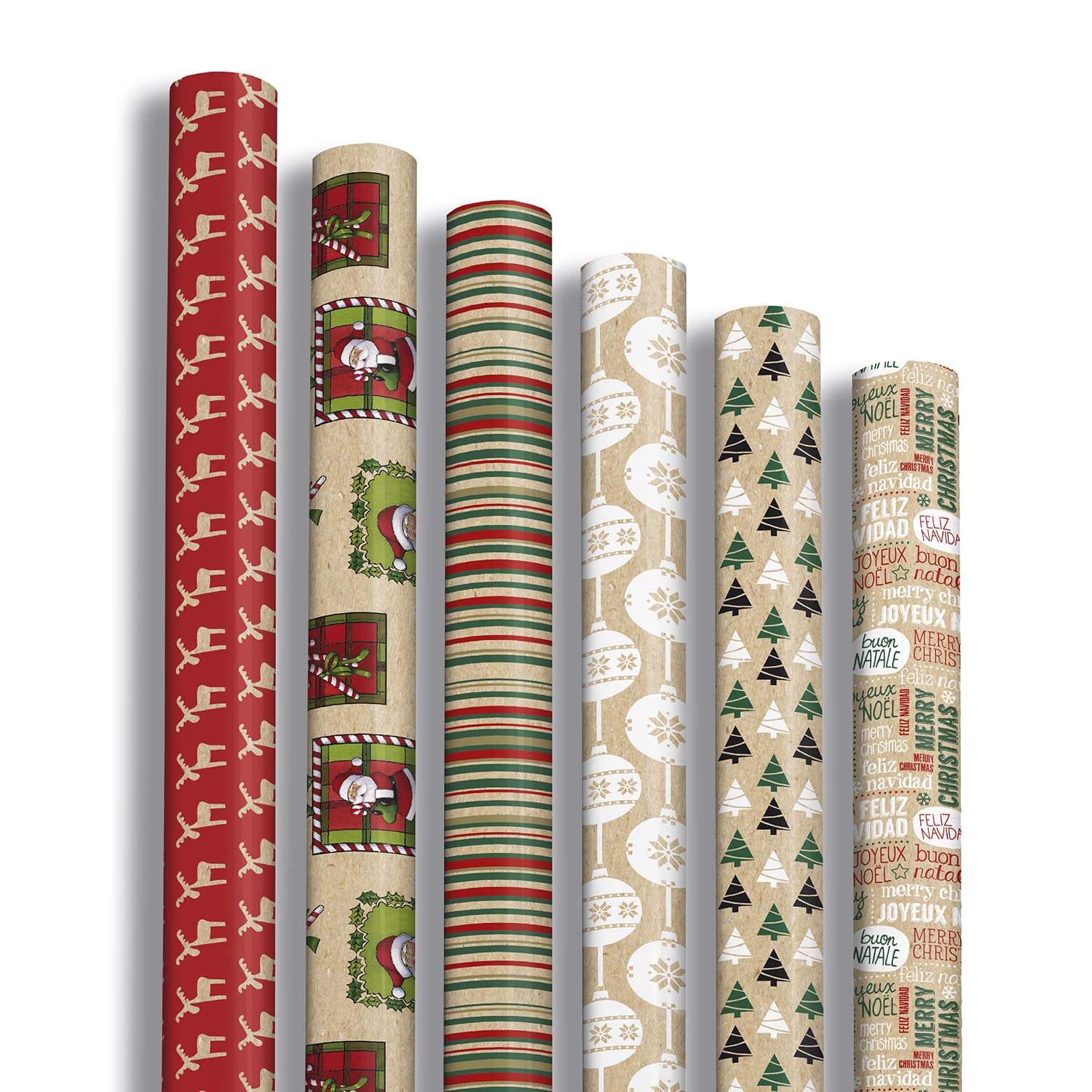 Clairefontaine 211421AMZC - A Box Of 12 Rolls Of Gift Paper - Kraft Laid Paper 60g - Dimensions : 2x0,70m - Pattern : Kraft, Christmas, Balls, Fir trees, Deer