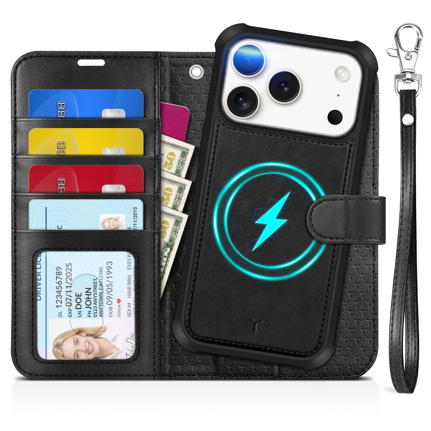 Photo 1 of TUCCH 2-in-1 Detachable Wallet Case for iPhone 17 Pro (6.3-inch) 2025, Wireless Charging | RFID Blocking 4 Card Holder | Wrist Strap | Kickstand | Magnetic | PU Leather | Protective Flip Cover | Black