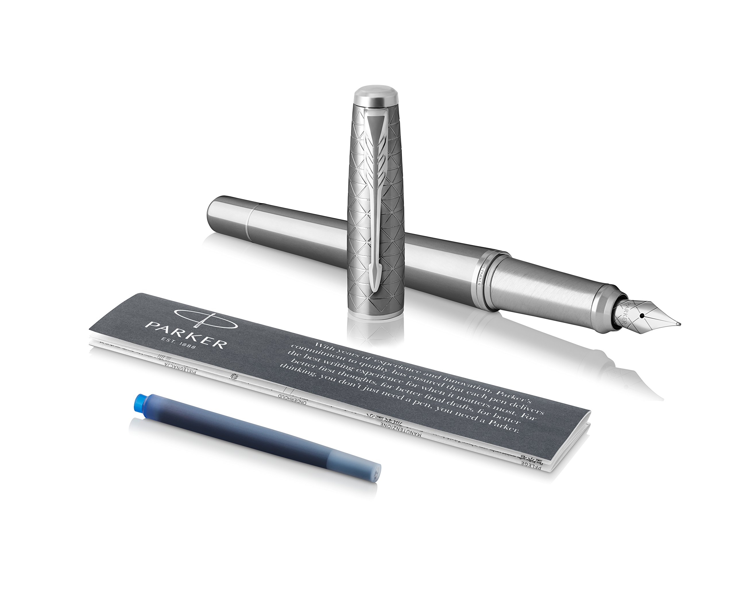 Parker Urban Fountain Pen, Premium Silvered Powder with Medium Nib and Blue Ink Refill, 1931603