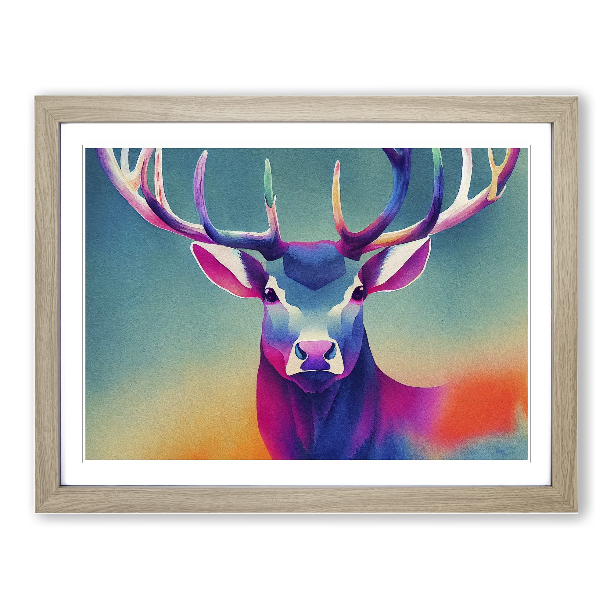 Watercolour Stag Deer Vol.4 Abstract Framed Print | A3 Oak Framed Wall Art | Ready to Hang | Abstract Animal Picture | Living Room Bedroom Lounge Office