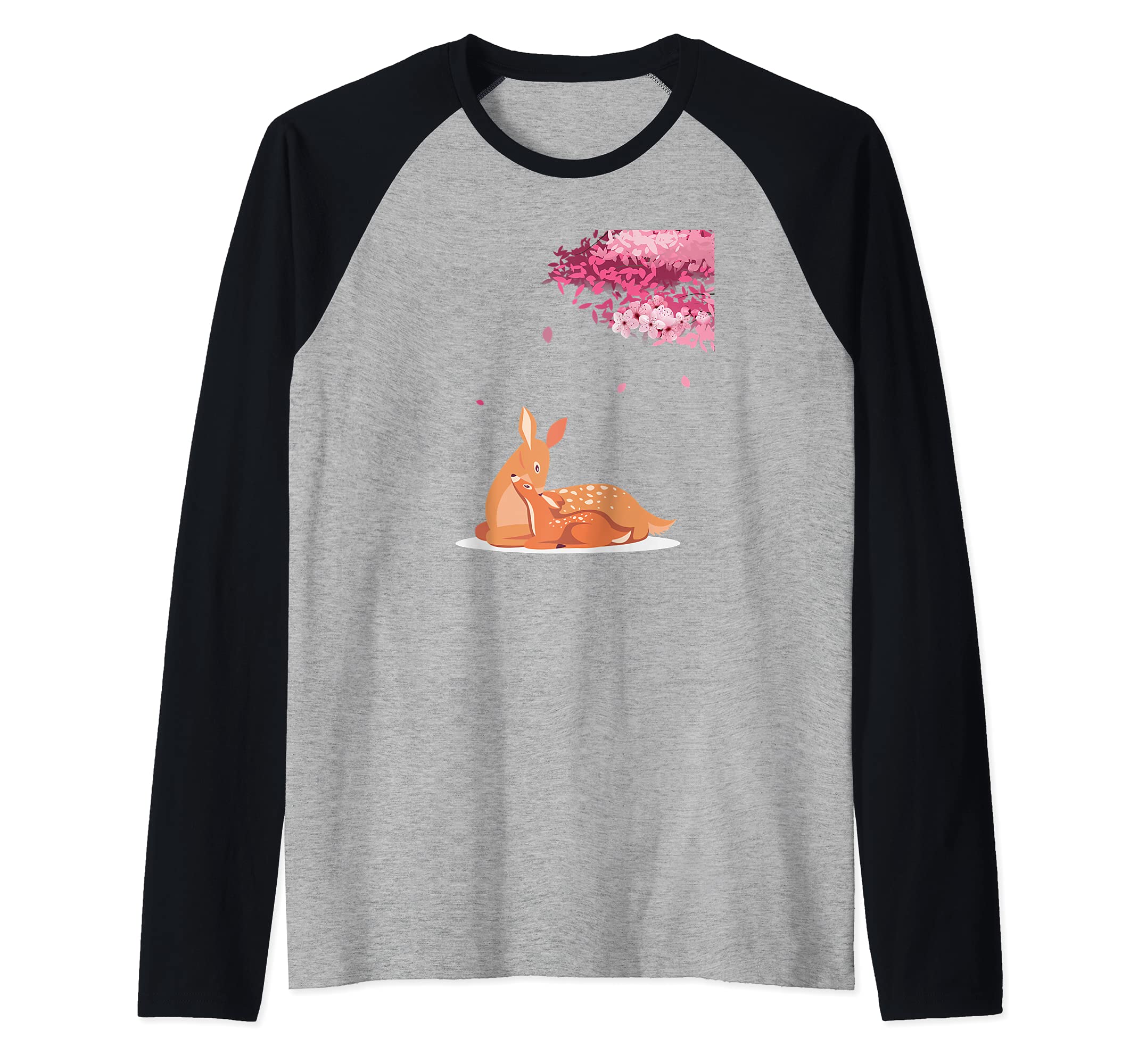 DOE CARE FOR KID REINDEER UNDER CHERRY BLOSSOM TREE Raglan Baseball Tee
