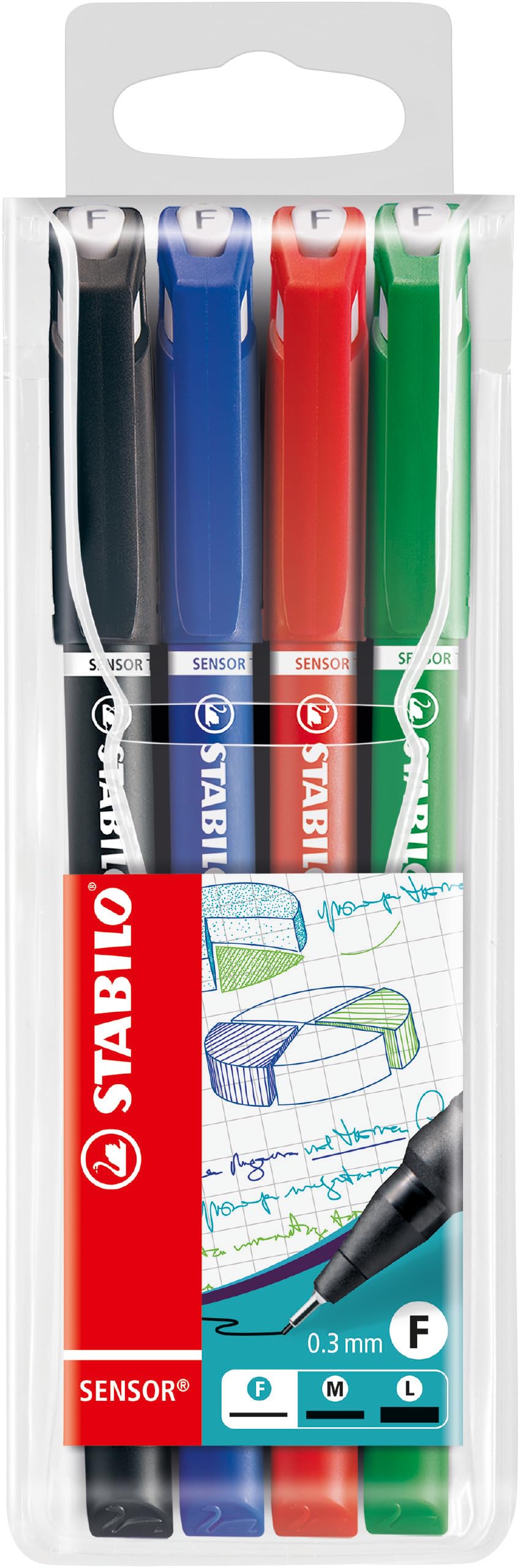 STABILO SENSOR fine - Fineliner with Cushioned F-Tip - Pack of 4 - Green, Red, Blue, Black