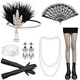 1920s Accessories for Women - Flapper Accessories for Women - Roaring Twenties Accessory Set, Long Satin Gloves, Pearl Necklace, Vintage Earrings, Headband Headpiece, Gatsby Accessory
