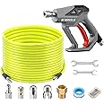 M MINGLE Sewer Jetter Kit for Pressure Washer 100 FT, Drain Cleaner Hose with Power Washer Gun, 1/4 Inch NPT Corner Rotating and Button Nose Sewer Jetting Nozzle, Orifice 4.0, 4.5