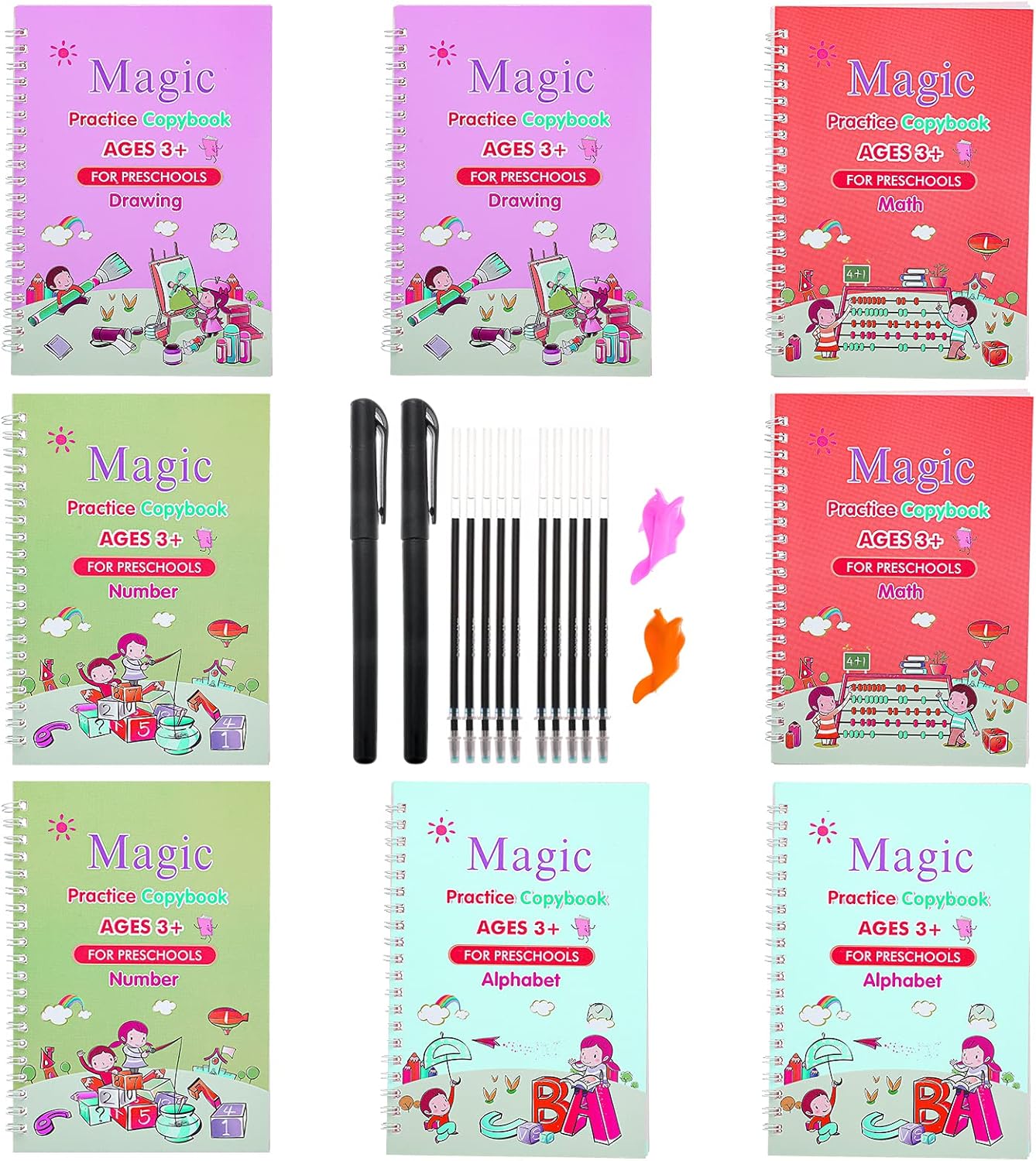 CHARMINER 8pcs Magic Practice Copybook for Kids, English Magic Calligraphy, Reusable Handwriting Copybook, Writing Practice Book with Magic Pen : Office Products