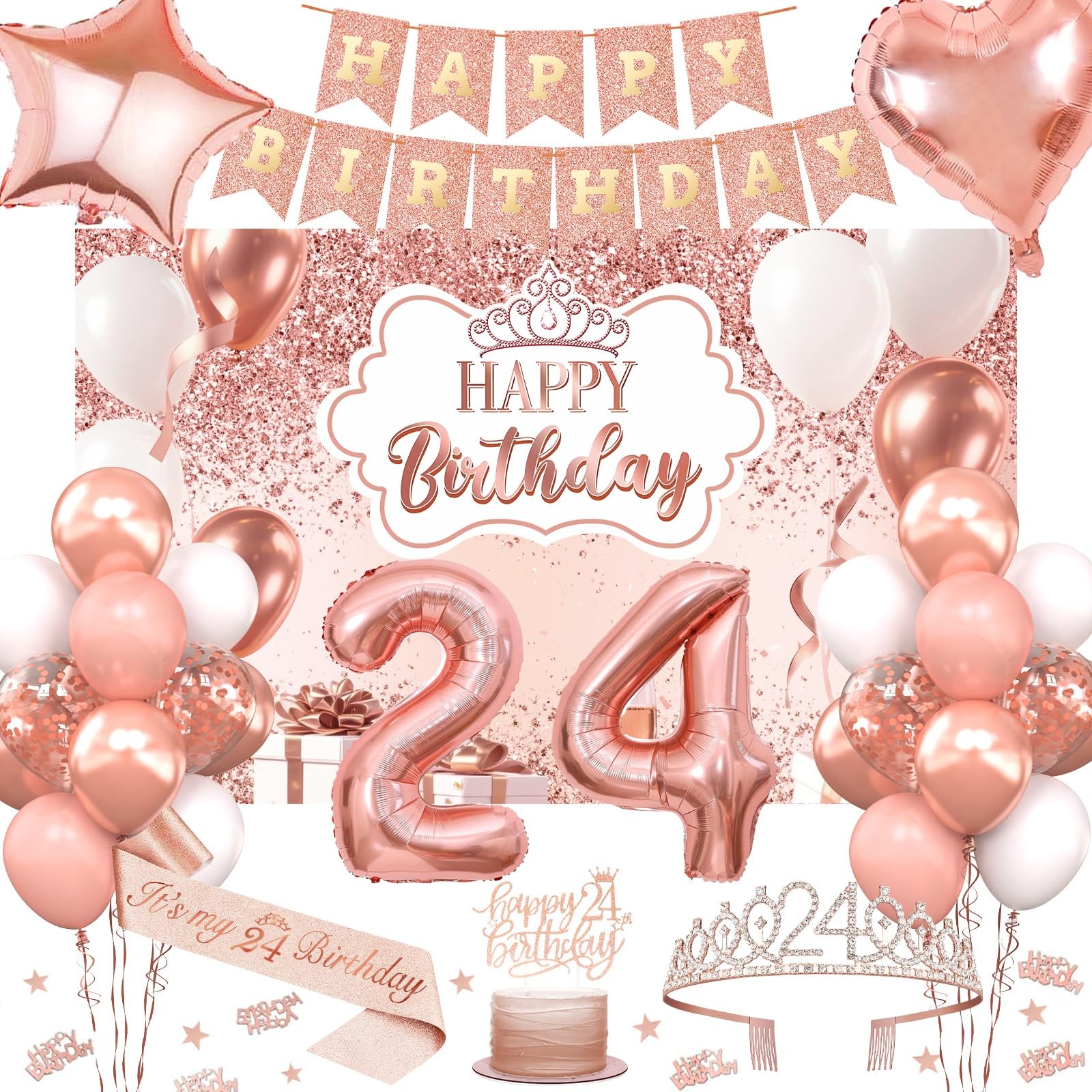 View 1 of 24th Birthday Decorations for Women, 52pcs Sweet Rose Gold Happy 24 Birthday Decorations Including 24th Rose Gold Crown, Sash, Banner, Background for 24 Party Decorations Set