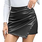 We1Fit Faux Leather Skorts for Women High Waisted PU Leather Shorts Elastic Waist Ruched Wrap Skort