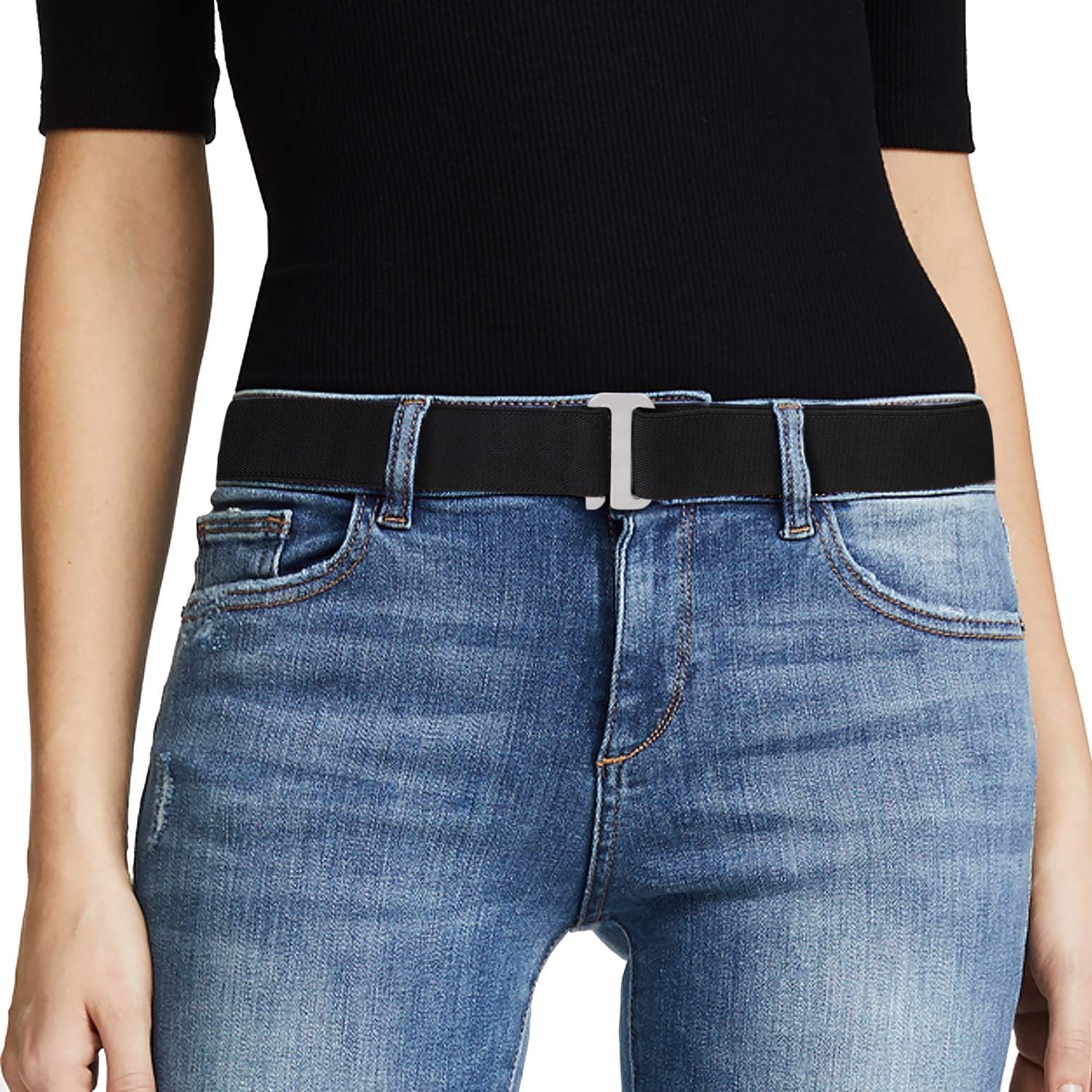 No Show Women Stretch Belt Invisible Elastic Web Strap Belt with Flat Buckle for Jeans Pants Dresses: Clothing