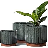 LE TAUCI Ceramic Plant Pots with Drainage Holes, Set of 3, 8+6.7+5.5 Inch Stripe Garden Planter Pots for Outdoor Indoor Plants Flower, Round Succulent Orchid Flower Pot, Reactive Glaze Black