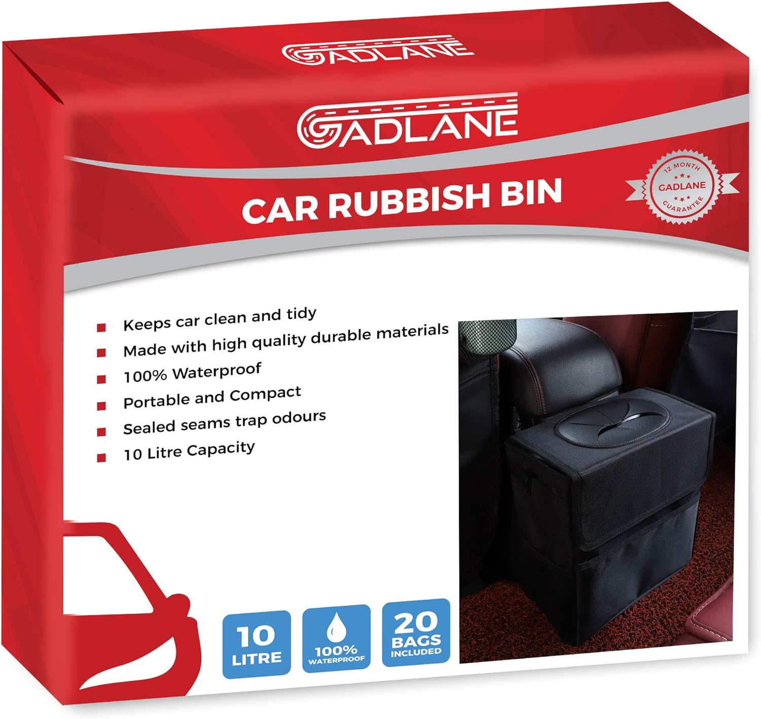 GADLANE Car Bin 10 Litre Car Rubbish Bin Traps Odour 100 Waterproof
