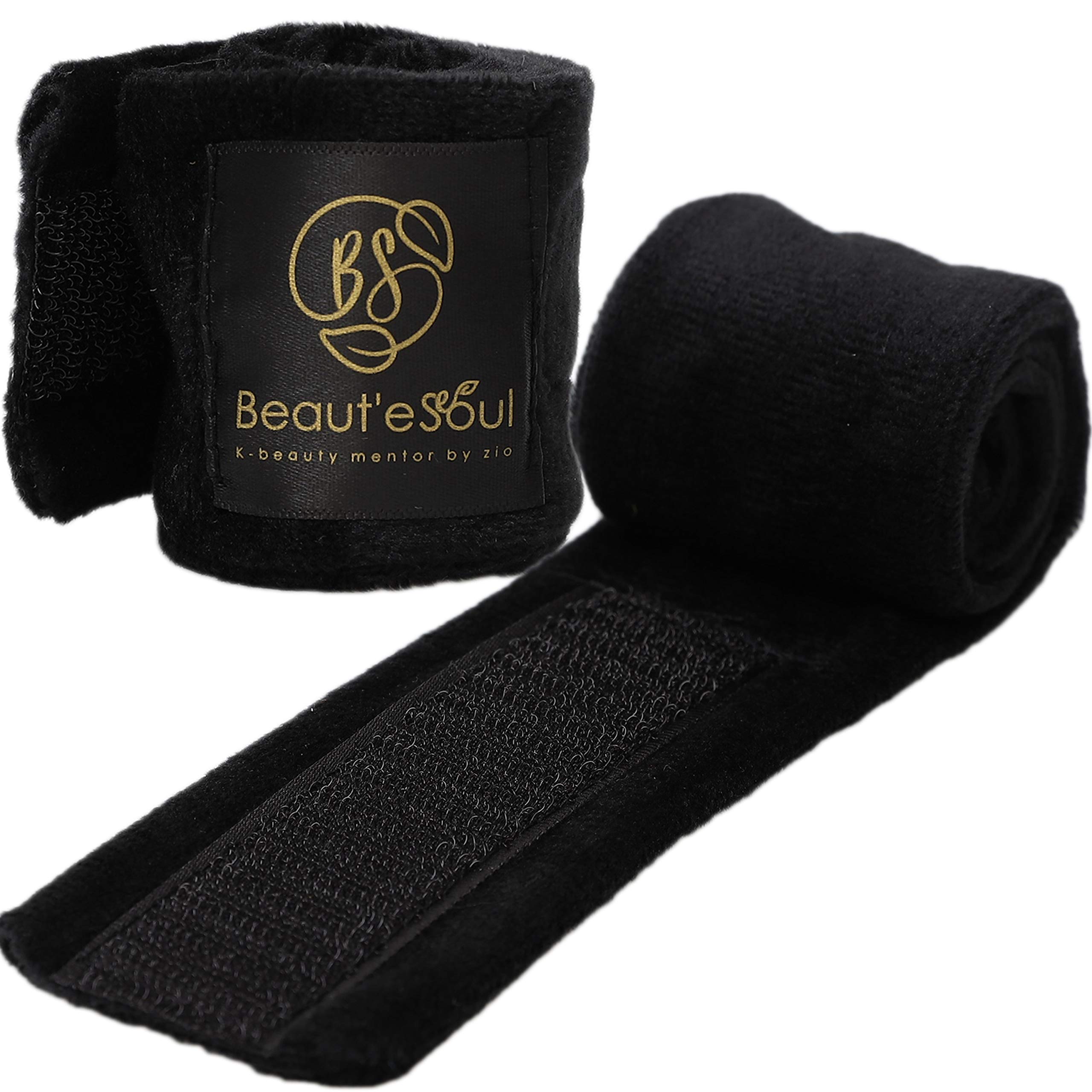 BEAUT'E SEOUL Spa Facial Headband Washing Makeup Cosmetic Shower Wrap Head Non-slip Stretchable,Terry Cloth Headband Adjustable Towel with Magic Tape 1 Piece Black