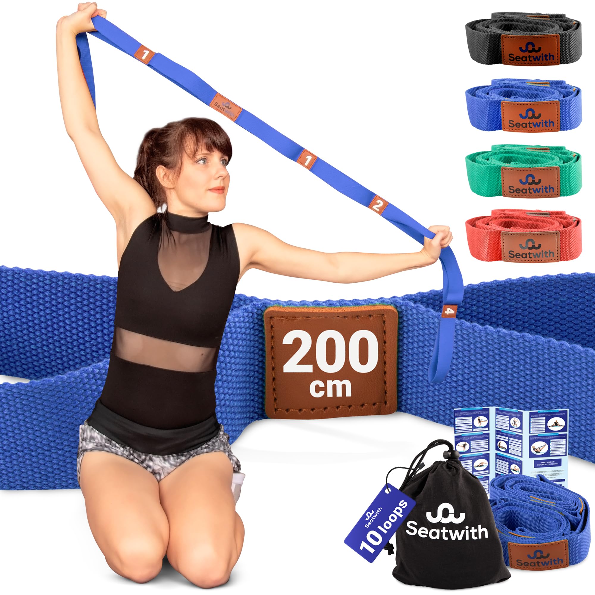 Seatwith Yoga Strap with Metal D Buckle - Non-Elastic Yoga Belt for Maximum Stretch - Transport Bag + PDF Instructions for Yoga Stretching Strap - Yoga Straps for Stretching - Pilates Strap - BLUE