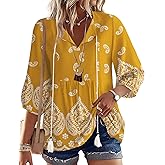 Rapbin Women Summer Boho Tops 3/4 Sleeve Pleated Blouses Casual V Neck Tie Front Spring Tunic Tops