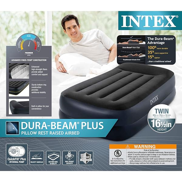 INTEX RAISED AIRBED MATTRESS WITH BUILT-IN PUMP, DURA-BEAM PLUS PILLOW, TWIN – PORTABLE INFLATABLE LUXURY BLOW-UP BED FOR ADULTS, CAMPING, GUESTS