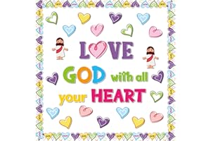 BeYumi 98Pcs Love God with all your Heart Christian Bulletin Board Set Heart Name Tags Cutouts Bulletin Board Borders Trim Valentine's Day Faith Religious Classroom Sunday School Chalkboard Wall Decor