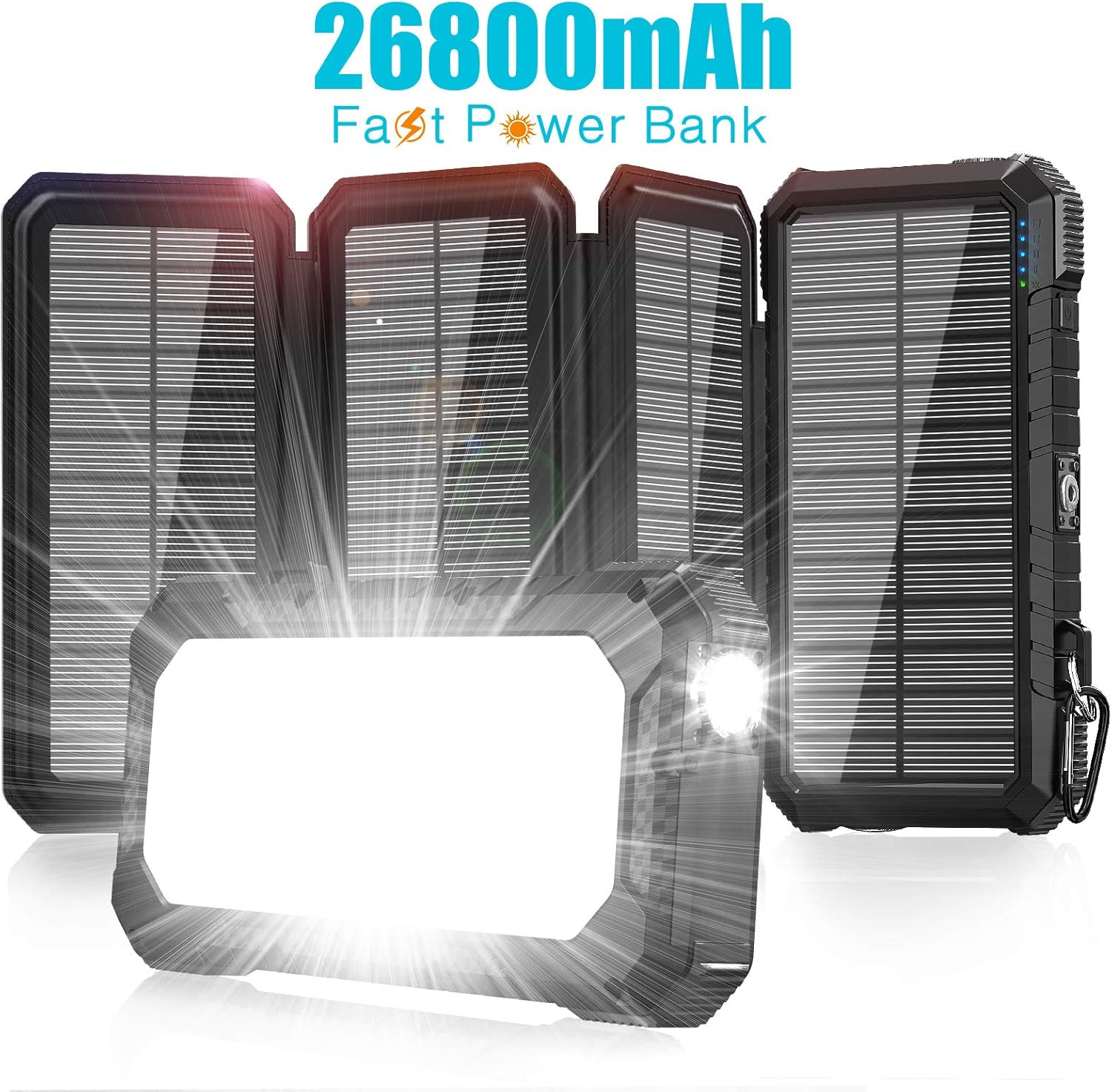 Solar Charger 26800mAh-Power Bank,18W QC3.0 Fast Charger 3A Outdoor External Battery with 4 Solar Panels&Camping Light&Compass&PD USB C for Laptop/iOS&Android Phone Charge: Home Audio & Theater