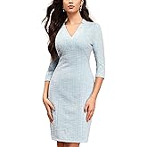 M.Infisavo Sheath Dresses for Women 2026 Notch V Neck 3/4 Sleeves Slim Fit Office Pencil Dress