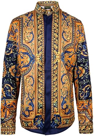 PIZOFF Herren Luxus Langarm Golden Hemden mit Baroque-Motiven