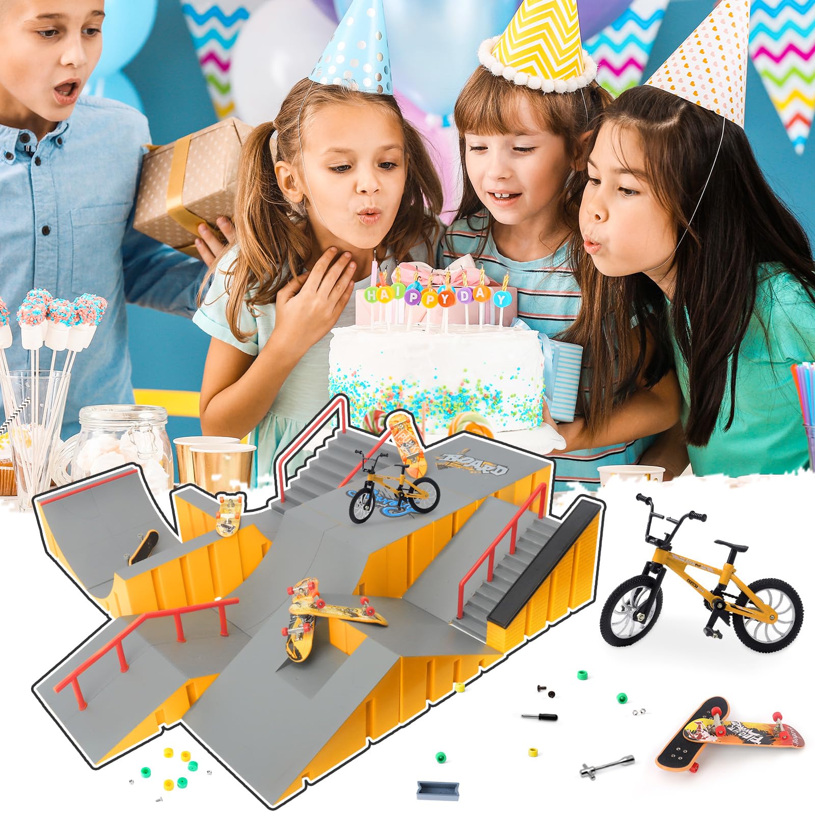 Finger Skateboard Park Kits,14-in-1 Bigger Finger Skateboard Ramp Set with 14 Ramps,8 Fingerboards,1 Finger Bike, Skate Park Kit,Fingerboard Skatepark Half Pipe Toys Gifts for Ages 3+