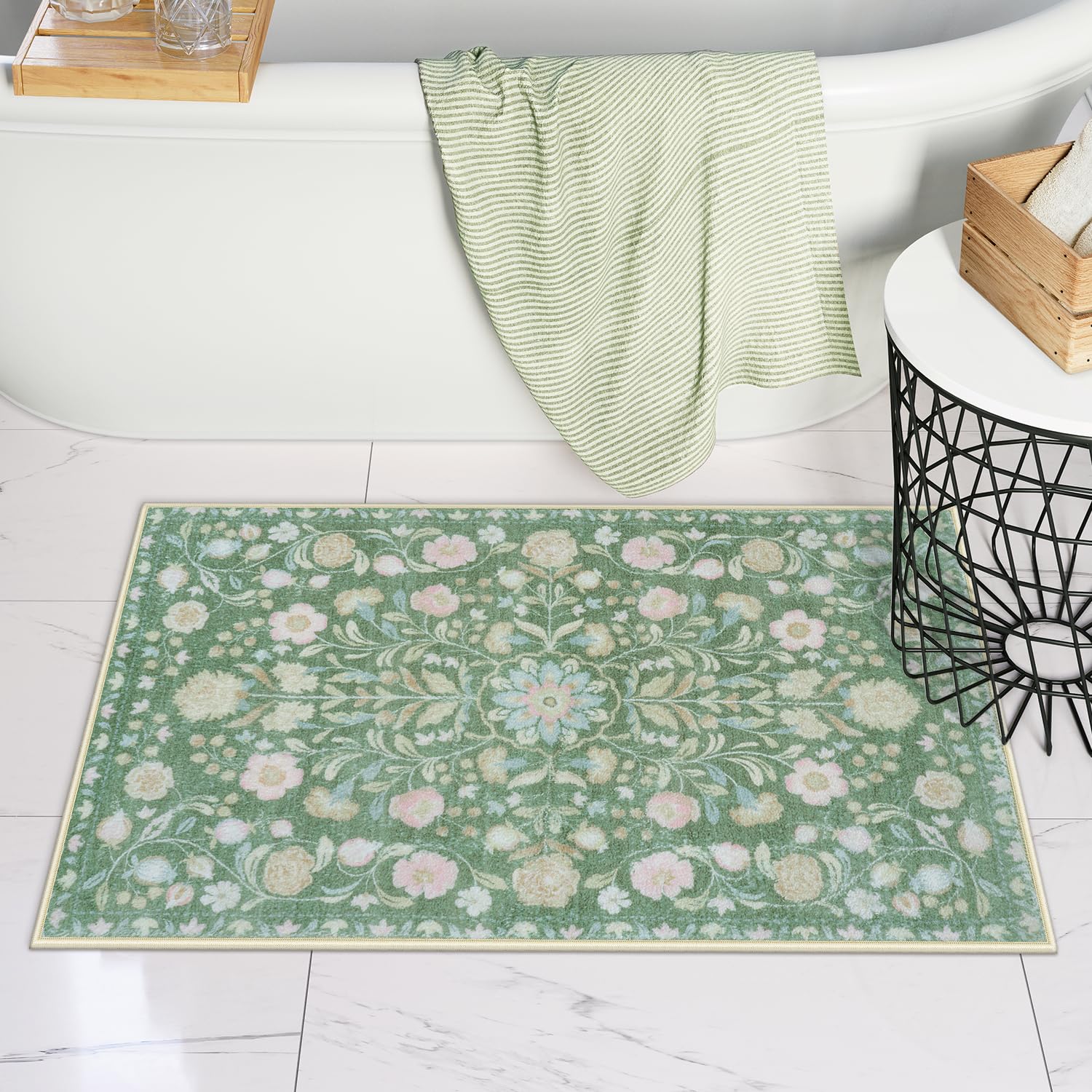 Photo 1 of Uphome Boho Bathroom Rugs Green Vintage Bath Rugs Farmhouse Soft Shaggy Non Slip Bath Mat Machine Washable Distressed Floral Bath Mats for Bathroom Toilet Shower Sink, 20x32 inch