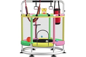 RSXMAX 60" Trampoline for Kids, 5FT Indoor Outdoor Adjustable Gymnastics Bars, Kids & Adults Trampoline with Enclosure Net fo