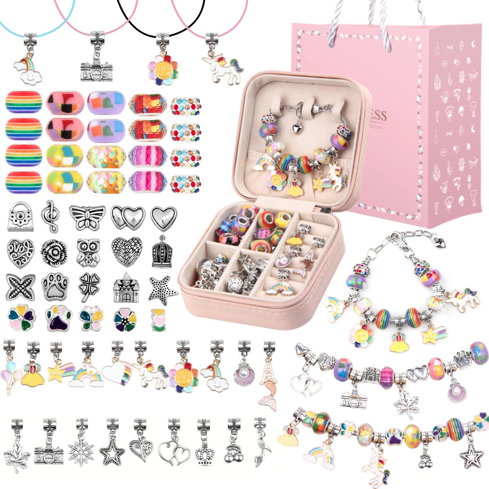 UFU Charm Bracelet Making Kit Girls Beads for Jewelry Making Kit, Unicorns Arts Crafts Gifts Set for Teen Girls Age 5 6 7 8-12, with a Portable Bracelet Organizer Box