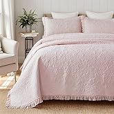 Brandream Light Pink Quilt Set Queen Size Cotton Botanical Matelasse Bedding Lightweight Floral Bedspread Ruffled Quilt Set 3-Piece