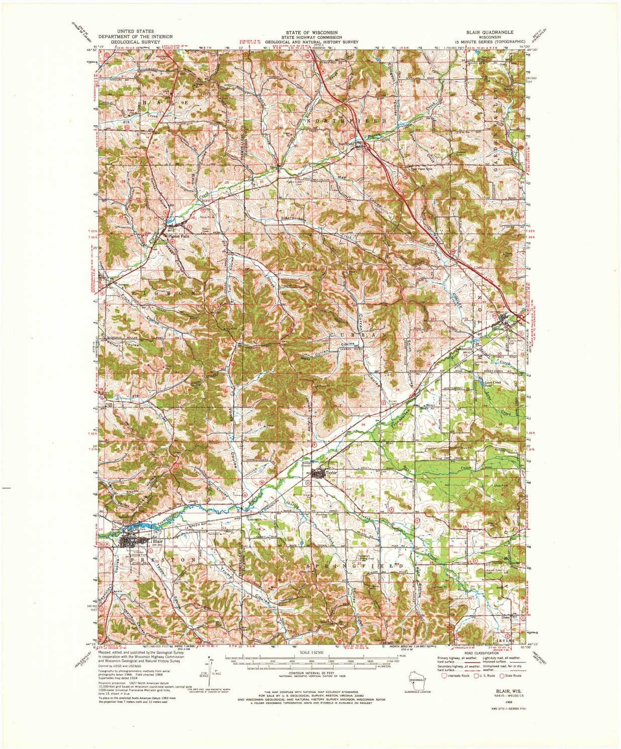YellowMaps Blair WI topo map, 1:62500 Scale, 15 X 15 Minute, Historical, 1968, Updated 1980, 22.17 x 18.25 in