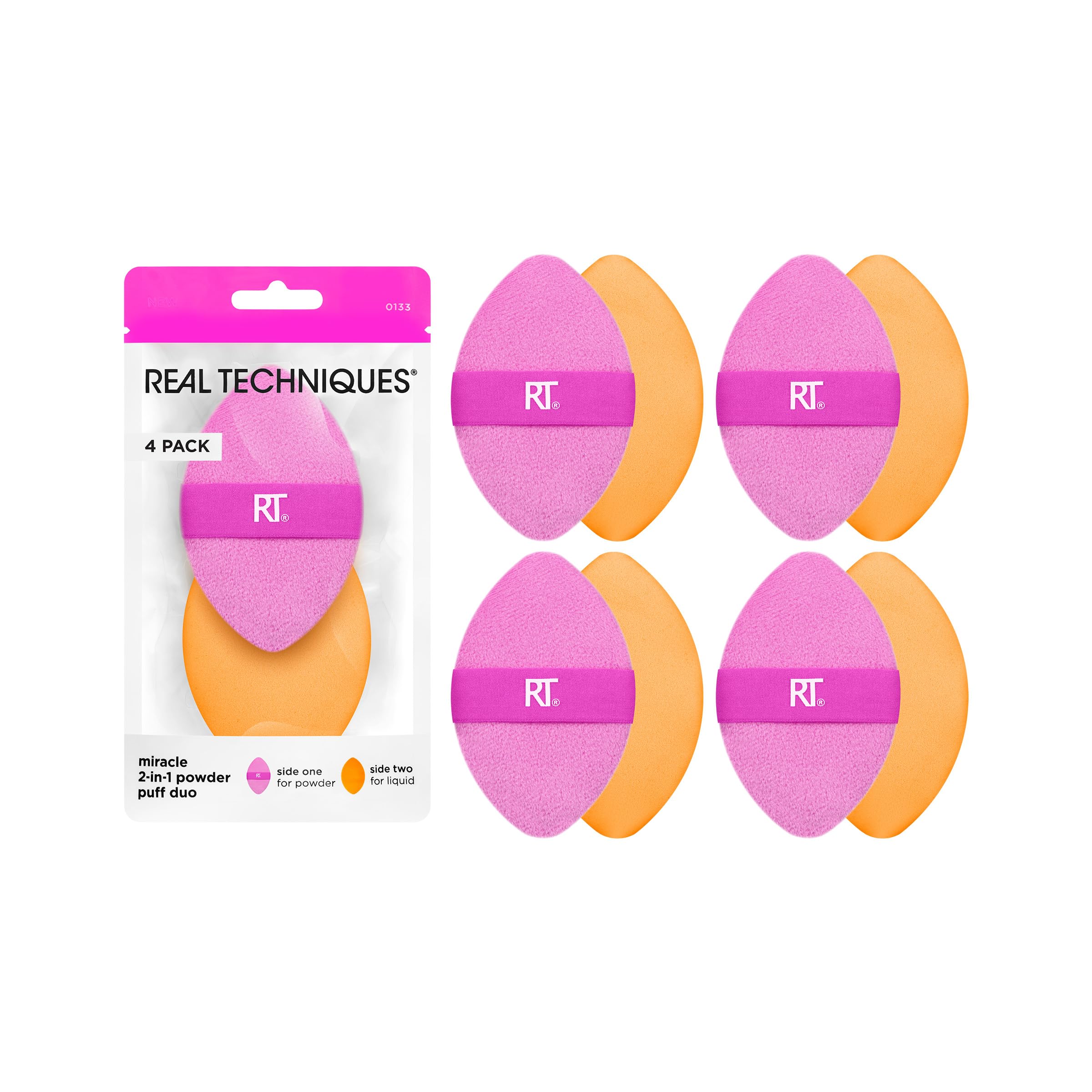 Real Techniques Miracle 2-In-1 Powder Puff, Dual-Sided Makeup Blending Puff, Reversible Elastic Band, Precision Makeup Sponge & Powder Puff, For Liquid, Cream & Powder Products, 4 Count