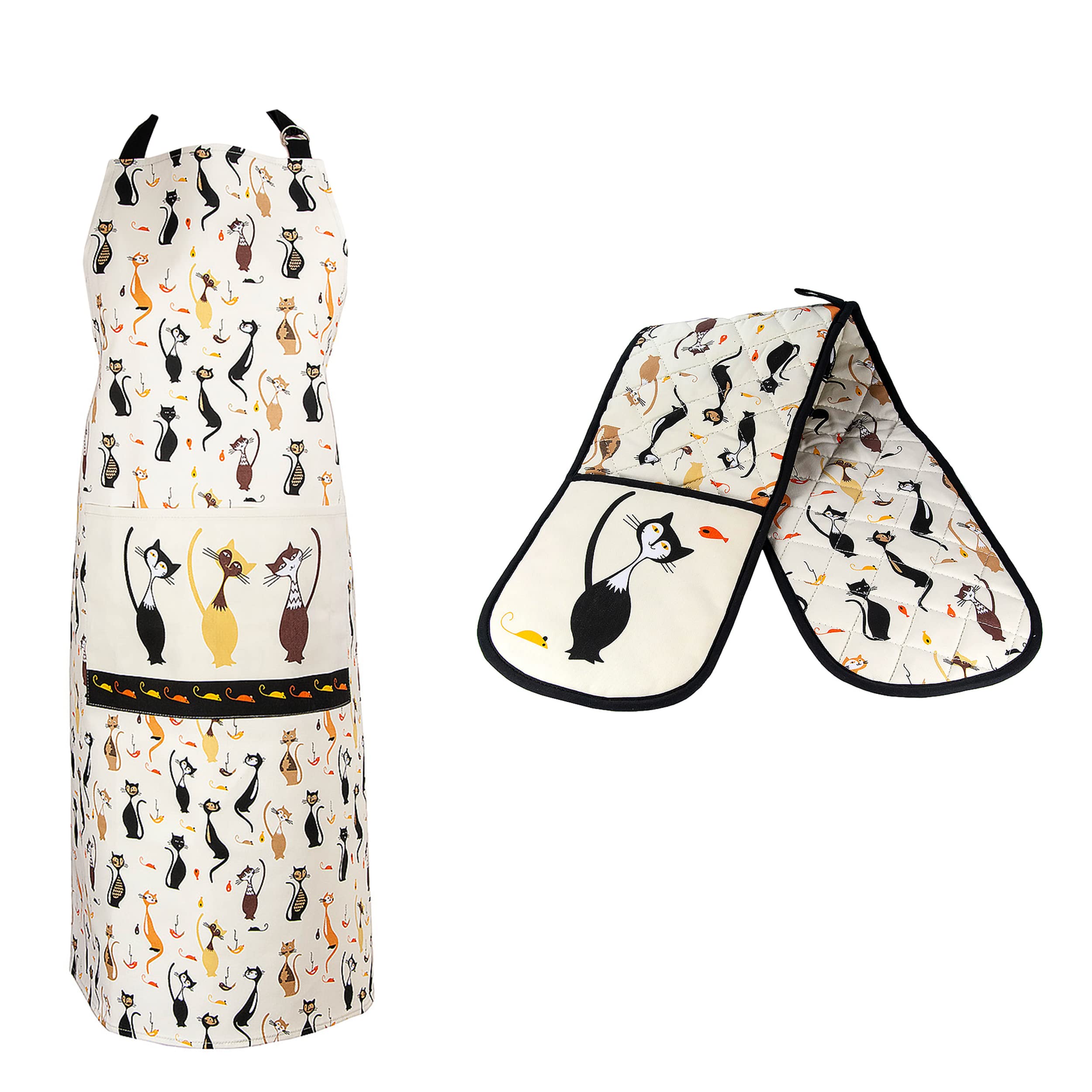 SPOTTED DOG GIFT COMPANY 2 Piece Kitchen Textiles Set - Black Cat Apron & Double Oven Gloves, 100% Cotton, Cute Animal Themed Kitchen Accessories for Cooking & Baking, Gifts for Cat Lovers