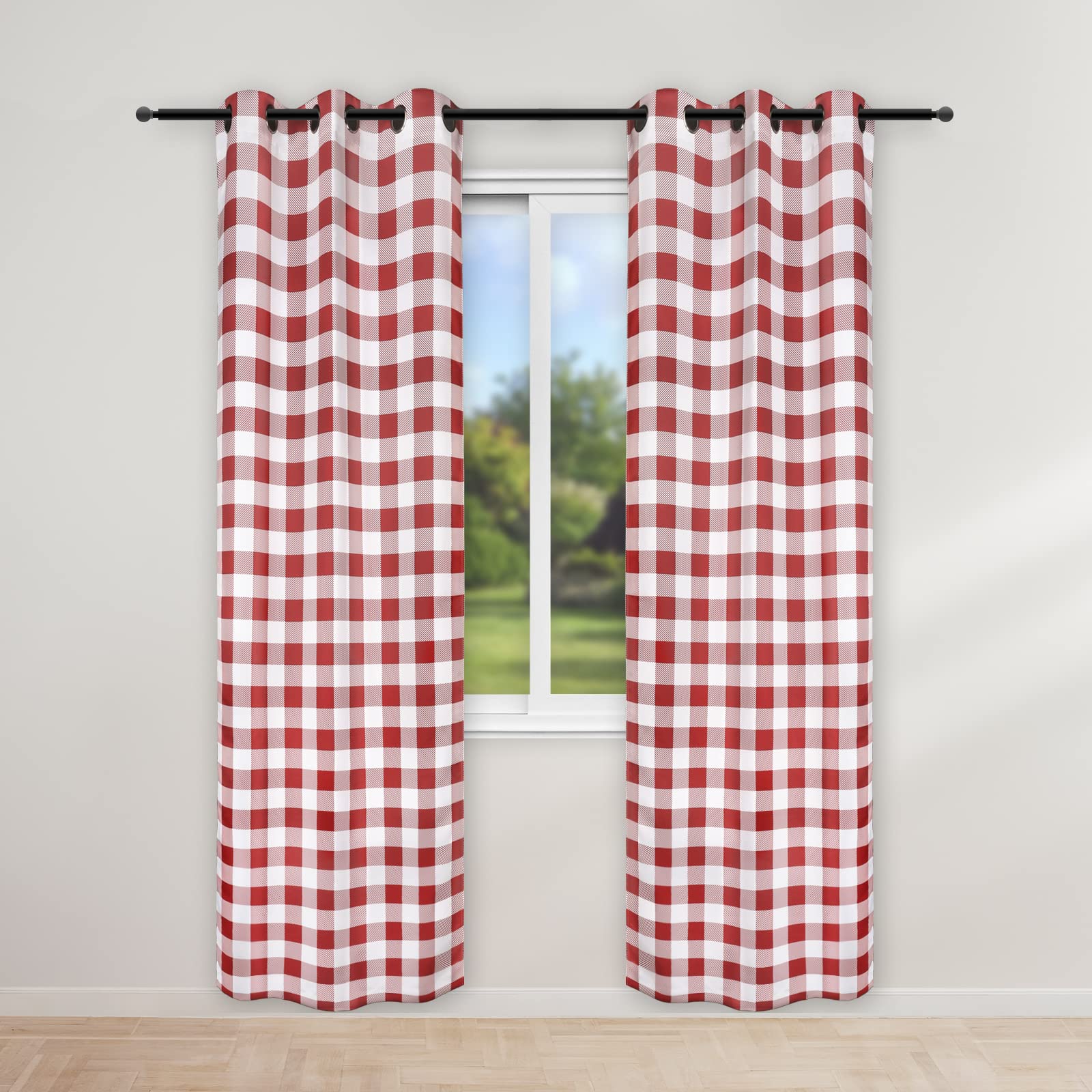 Simple Deluxe Buffalo Check Blackout Curtains Panels for Living Room, Bedroom Farmhouse Courtyard Style Room Darkening Thermal Insulated Plaid Grommet Curtain, 37" W x 84" L, White and Red — image 1