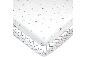 TL Care 2 Pack 100% Natural Cotton Fitted Pack and Play Sheets 39" x 27" - Soft & Breathable Pack N Play Sheets for Playard & Mini Crib Mattress, Gray Star/Gray Zigzag, for Boys & Girls
