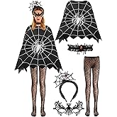 peony man 5PCS Halloween Women Spider Web Costume Woman Spider Web Dress Poncho Cape with Headband Choker Lace Mask Tights Spider Hair Hoop Necklace Outfit Accessories for Halloween Cosplay Party