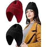 2 Pcs Hats with Ear Flaps Winter Knit Earflap Beanie Hat Warm Stocking Caps with Short Plush Lined Brimmed Ski for Women Men