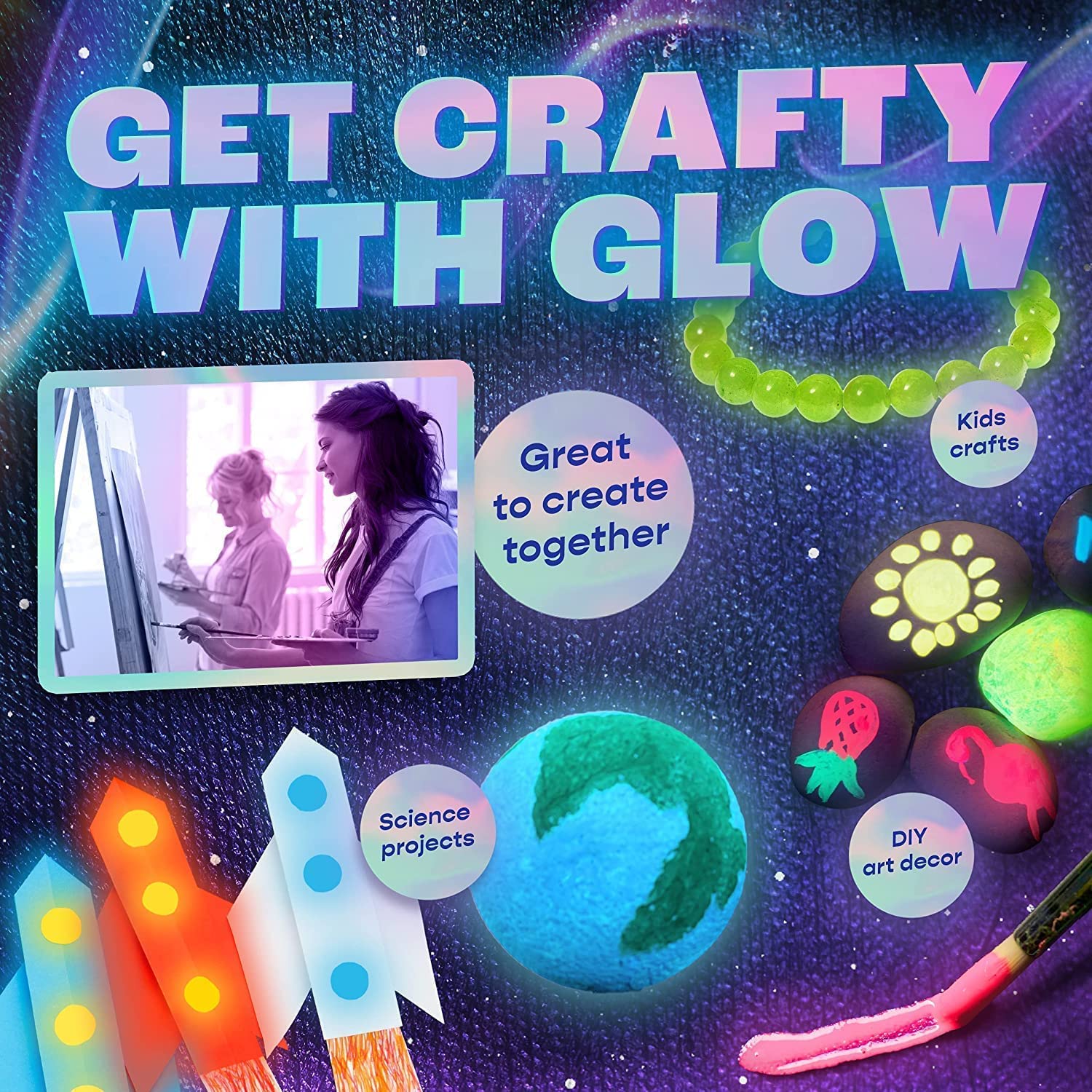 neon nights 2-IN-1 Glow In The Dark Acrylic Paint Set Glows in the Dark & under UV Blacklight - Set of 8 Self-Luminous Neon Paints for Halloween - German Premium Quality - 8 x 20 ml /