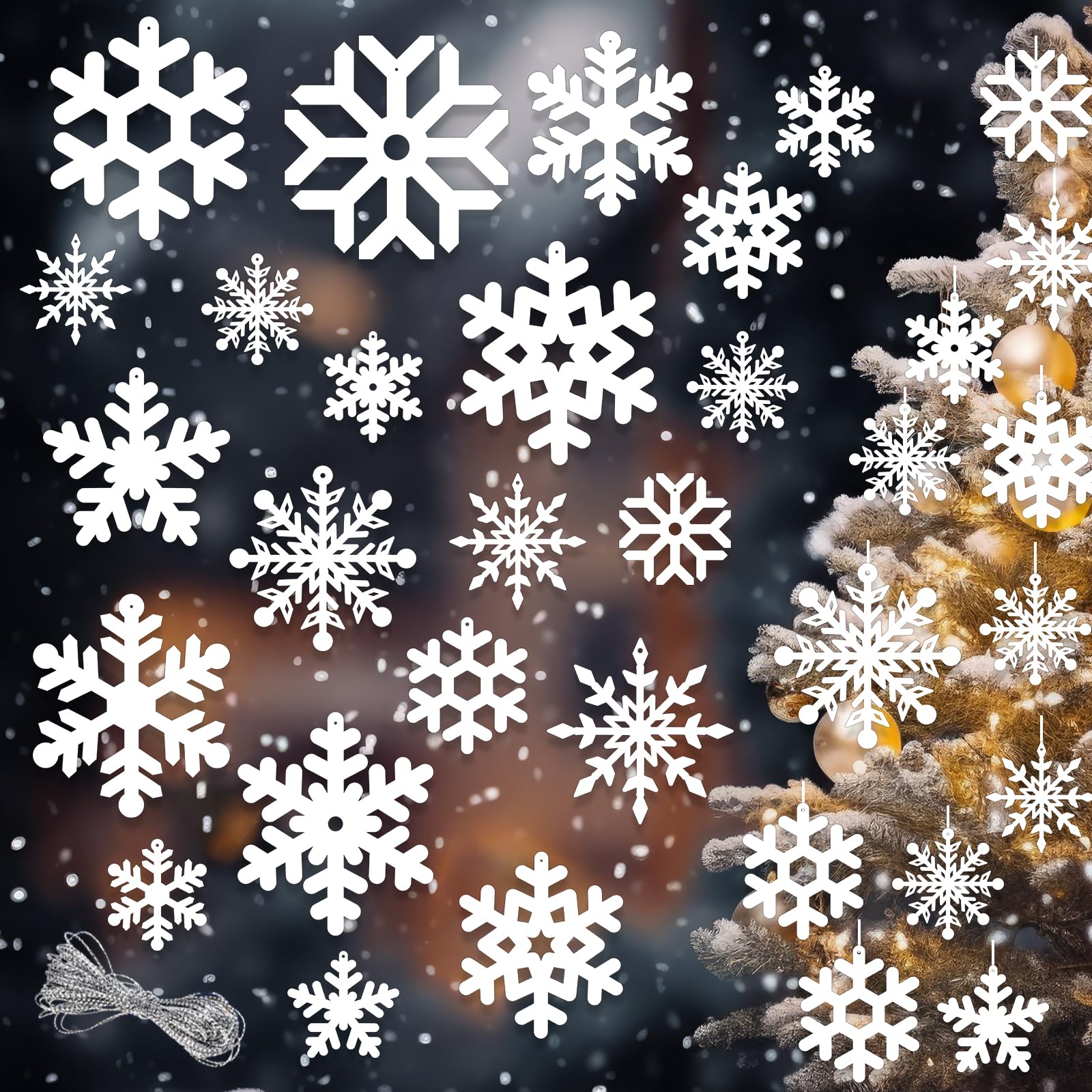 Photo 1 of 30 pcs Snowflakes Ornaments Decorations, Large Snowflakes Ornament Winter Hanging Decorations 8 Styles Plastic Glitter White Snowflakes Indoor Outdoor Christmas Tree Window Room Holiday Yard Decor