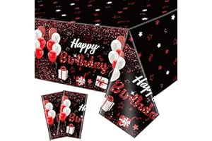 QUERICKY 2 Pack Black and Red Happy Birthday Tablecloths, 51x87'' Plastic Disposable Rectangle Birthday Party Table Covers for Women Girls Birthday Party Decorations Supplies