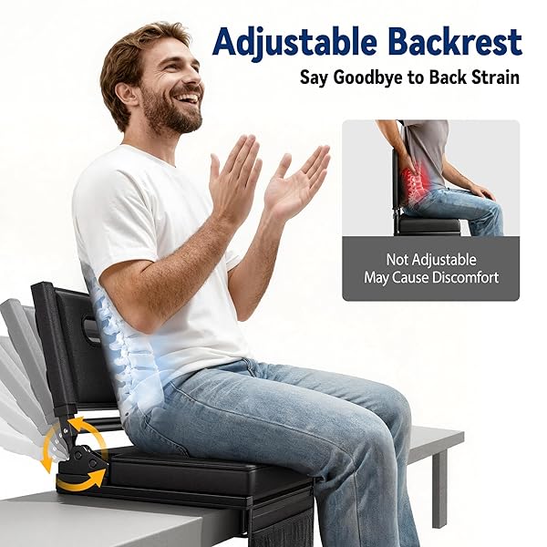 STADIUM SEATS WITH BACK SUPPORT FOR BLEACHER, PORTABLE 5-ANGLE AND ADJUSTABLE HEIGHT THICK CUSHION SEAT WITH CUP HOLDER STORAGE BAG, INCLUDES SHOULDER STRAP, USED FOR SPORTS EVENTS AND CONCERTS