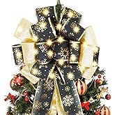 Christmas Tree Topper Bow 12x45 Inches Black and Gold Tree Bow Topper with String Lights Glitter Satin Snowflake Large Bow Ribbon for Christmas Decorations Ornaments Home Holiday