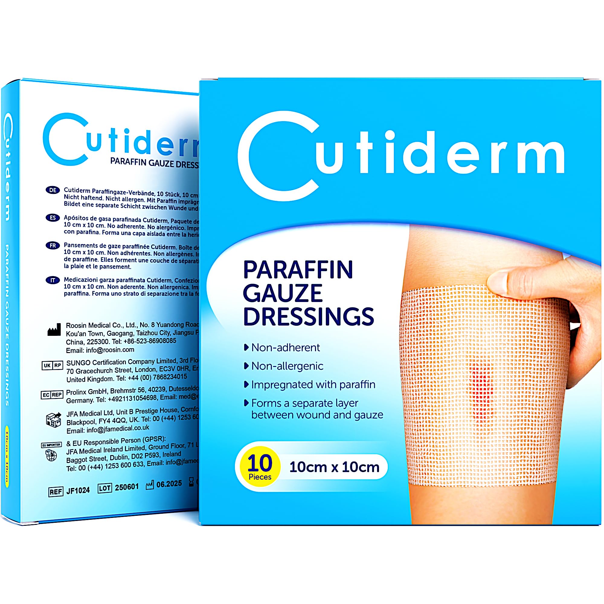Cutiderm Sterile Paraffin Gauze Dressing 10cm x 10cm Pack of 10 - Suitable for Superficial and Partial Thickness Burns, Skin Loss Wounds, abrasions and Traumatic Injuries