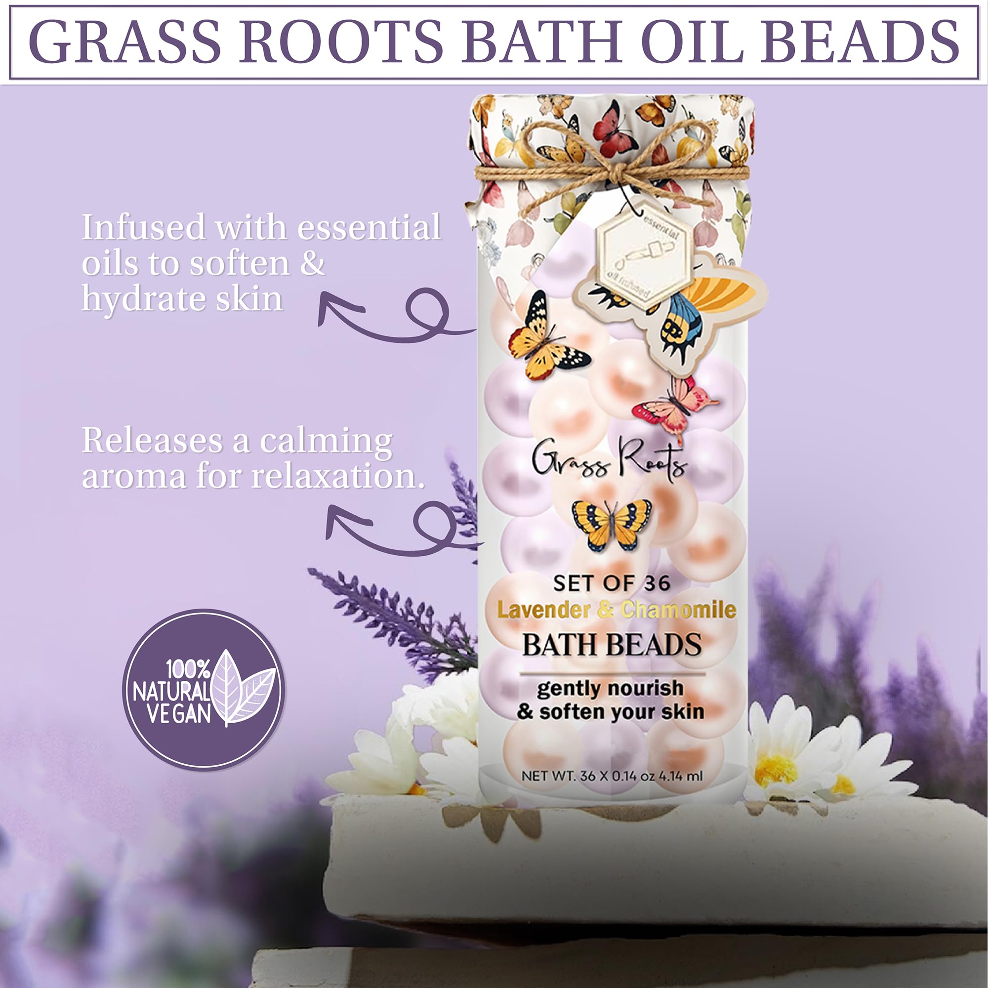 Grass Roots Bath Oil Beads Set of 36 - Lavender & Chamomile Scented Bath Beads - Essential Oil Soaked Pearls to Gently Nourish & Soften Skin - Luxurious Bath Experience