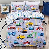 Holawakaka Trucks Tractors Cars Boy Bedding Comforter Set with Sheets, Twin Size Cartoon Construction Car Excavator Print Kids Bed in A Bag 5-Piece, Boys Reversible Dorm Bed Sets (Red Twin)