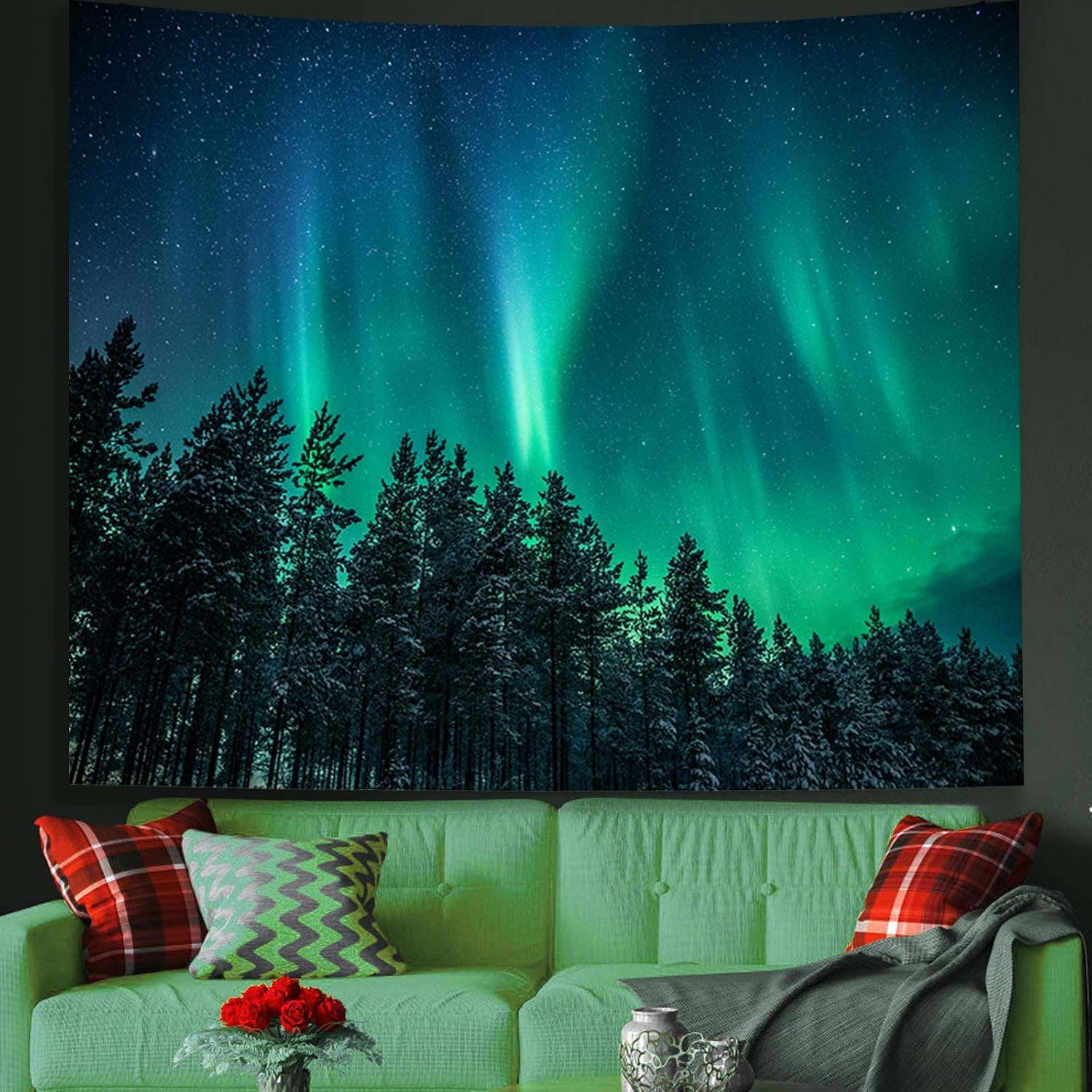 Tapestries - Atrippy Forest Tapestry Nature Galaxy Starry Night Wall Tapestry for Bedroom Star Aurora Borealis Ceiling Decor Wall Hanging for Living Room Dorm (60