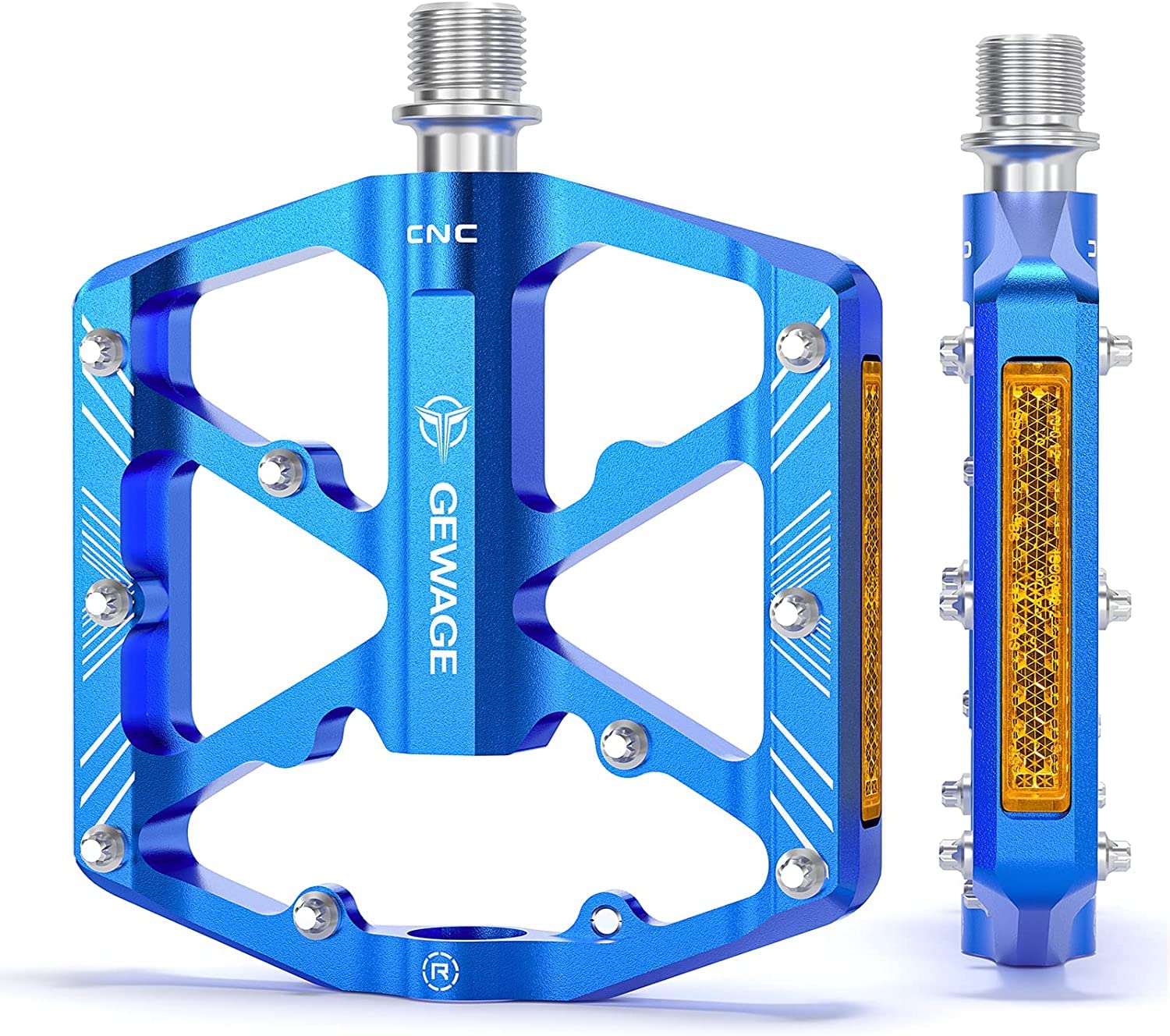 GEWAGE Bike Pedals With Reflective Strips, 3 Sealed Bearings Non-Slip CNC Aluminum Bicycle Platform 9/16" Pedals For Road Bike MTB E-Bike. (Blue)