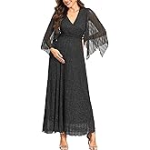 AISWI Maternity Sparkly Mesh Maxi Dress Handkerchief Sleeves Wrap V Neck Flowy Pregnancy Dresses Baby Shower Formal