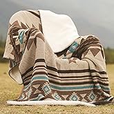 Aztec Throw Blanket with Soft Sherpa Lining, Traditional Southwestern Navajo Tribal Style Warm Throw for Camping, Outdoor, Cozy Boho Blanket for Couch, Sofa, Bed, 50"x60", Teddy Brown