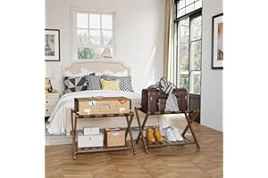 Semiocthome 2 Packs Walnut Bamboo Fully Assembled Luggage Racks, Folding Suitcase Stand with Storage Shelf, Luggage Stand with 5 Nylon Straps for Guest Room Bedroom