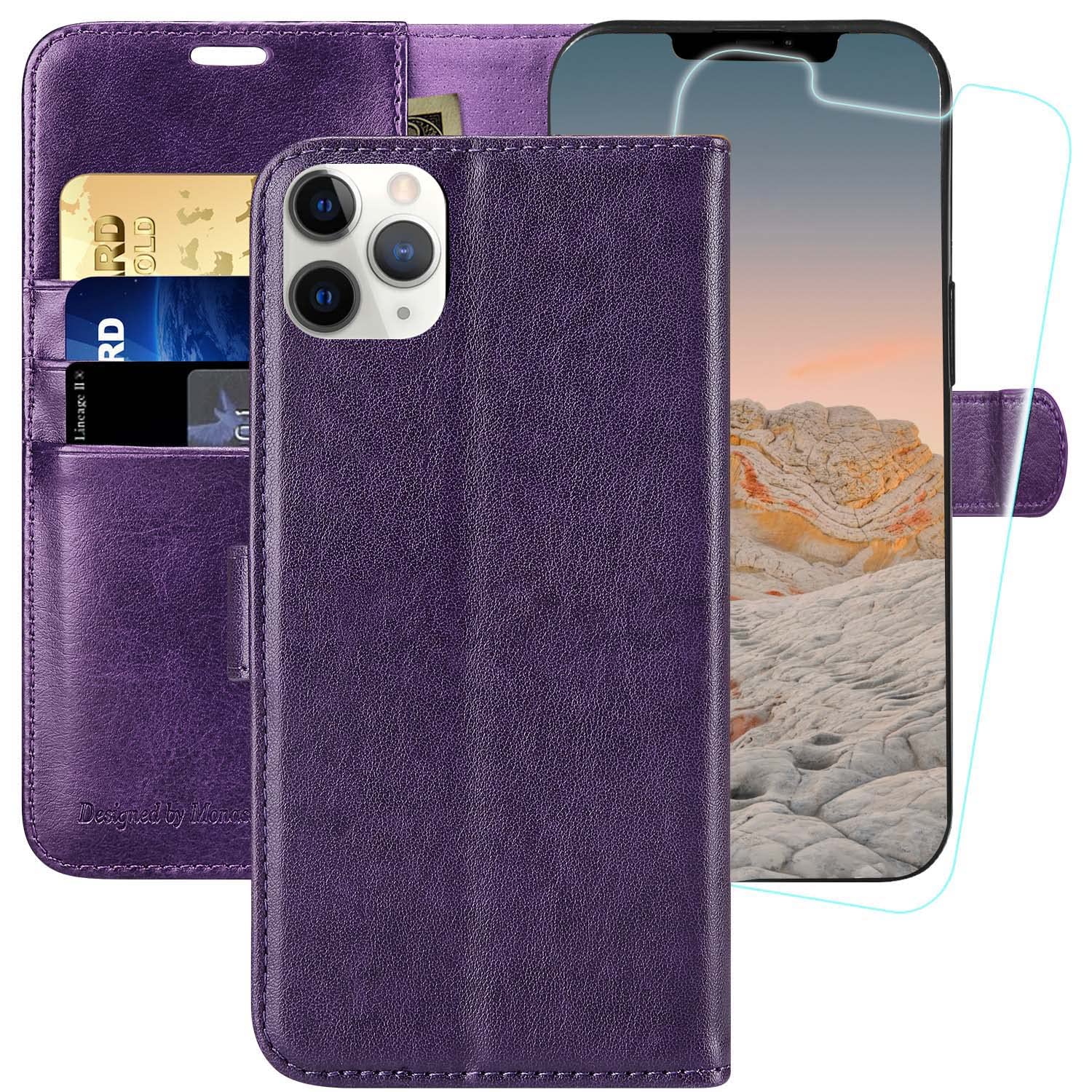 MONASAY iPhone 11 Pro Wallet Case,5.8-inch, [Glass Screen Protector Included][RFID Blocking] Flip Folio Leather Cell Phone Cover with Credit Card Holder for iPhone 11 pro,Purple — image 1