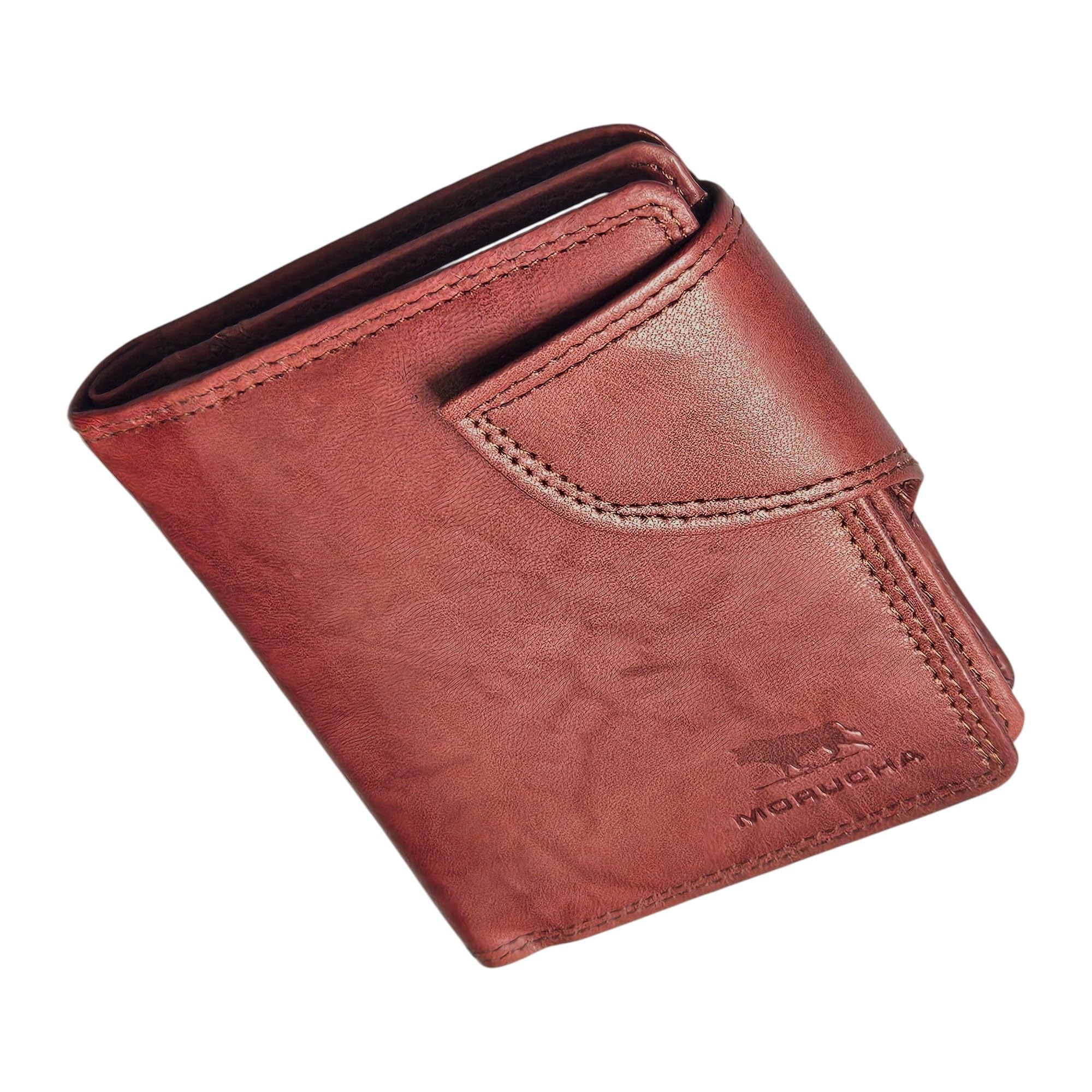 MORUCHA Men’s RFID Blocking Genuine Leather Bifold Wallet, 2 ID Windows, Brown Nappa Cowhide Card Holder Purse with Coin Pocket and Gift Box M50