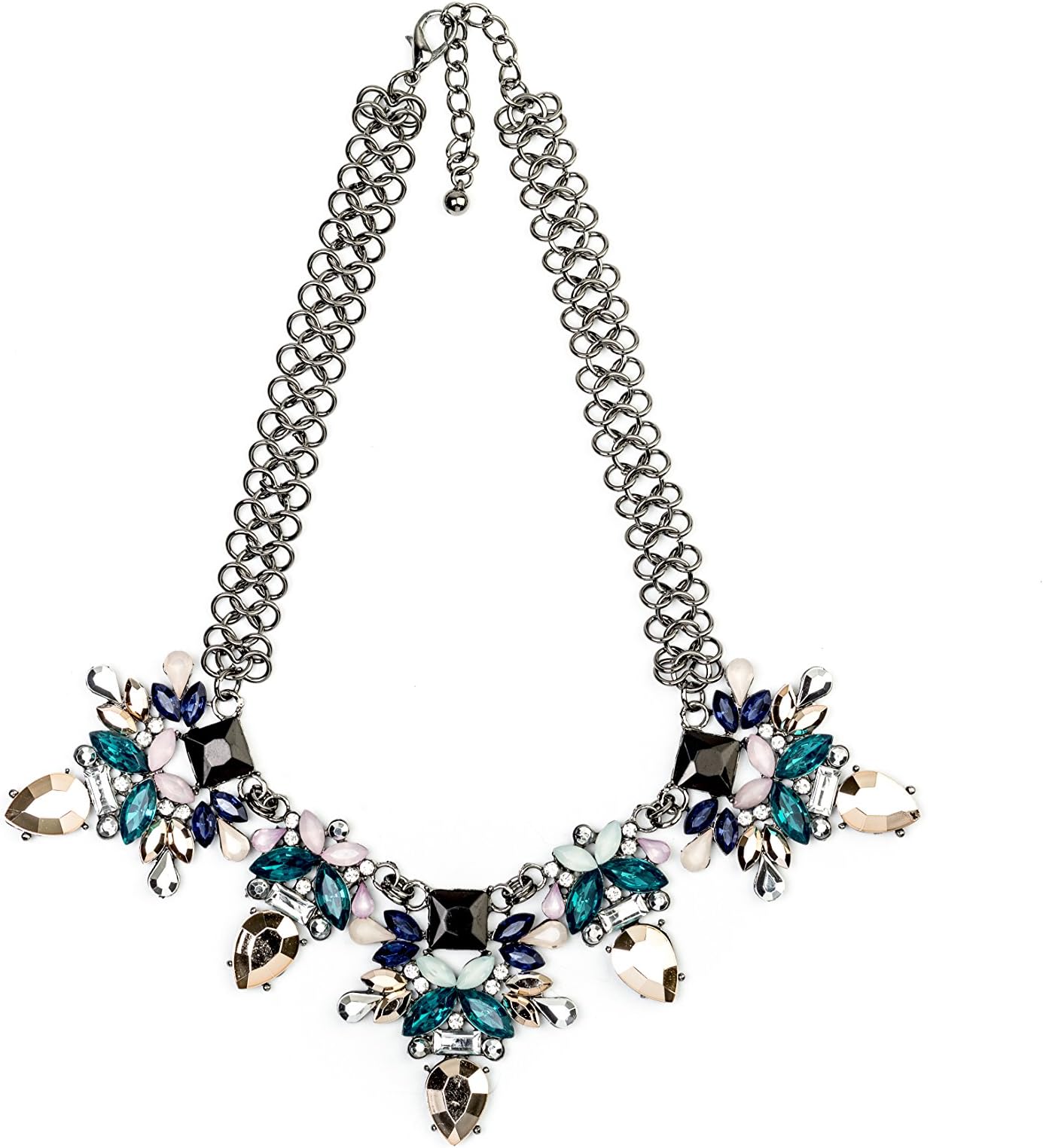 Womens Fashion Necklace - Pretty in Pastel Floral Pendant Chain Womens Colorful Rhinestone Crystal Costume Jewelry Bib Statement Choker Necklace